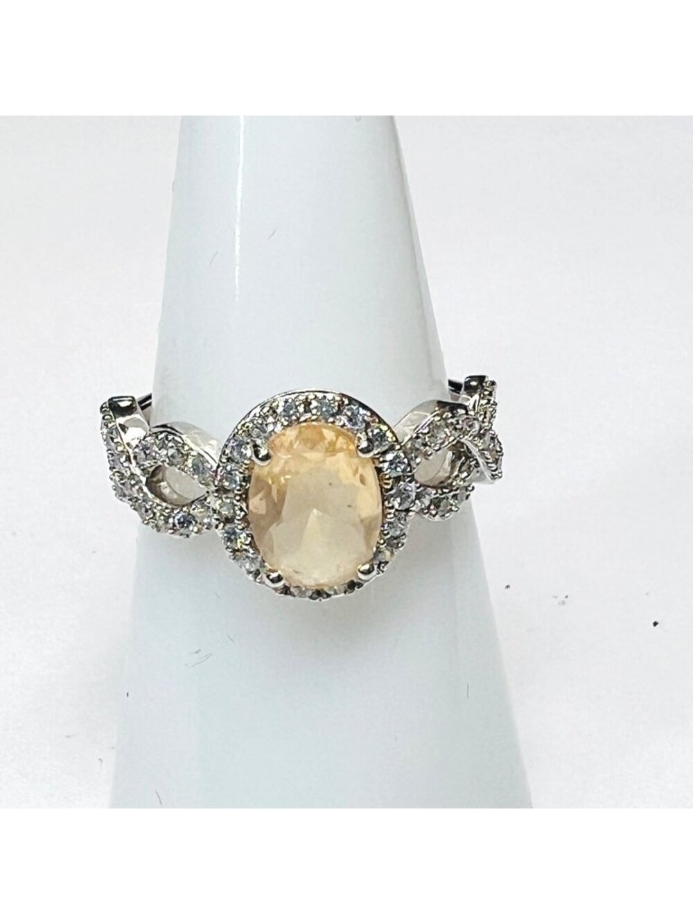Elegant Oval Champagne Citrine Halo Ring Silver Tone Twisted Band Sz 7